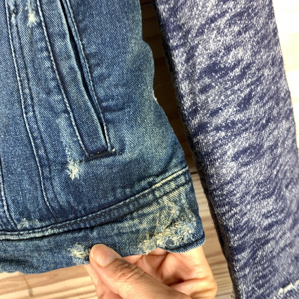 Free People Denim Cropped Jacket XS Hoodie Distressed‎ - Picture 2 of 14